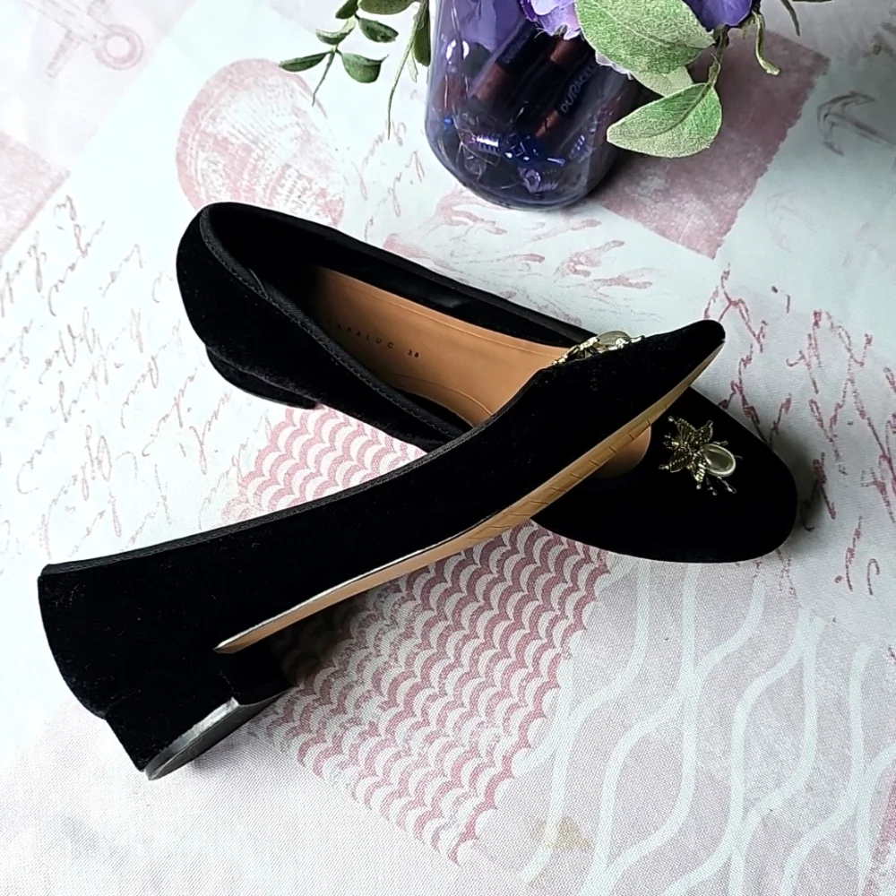Zara Beetle Embelished Velvet Faux Pearl Ballet Flats in Black